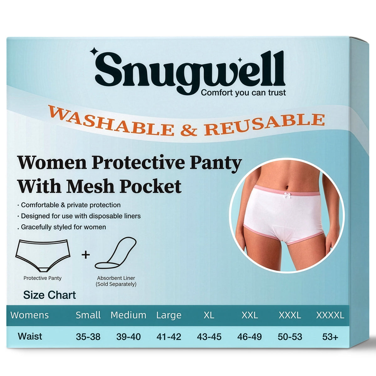 Snugwell Women Incontinence Washable Underwear, Mesh Pocket Panty