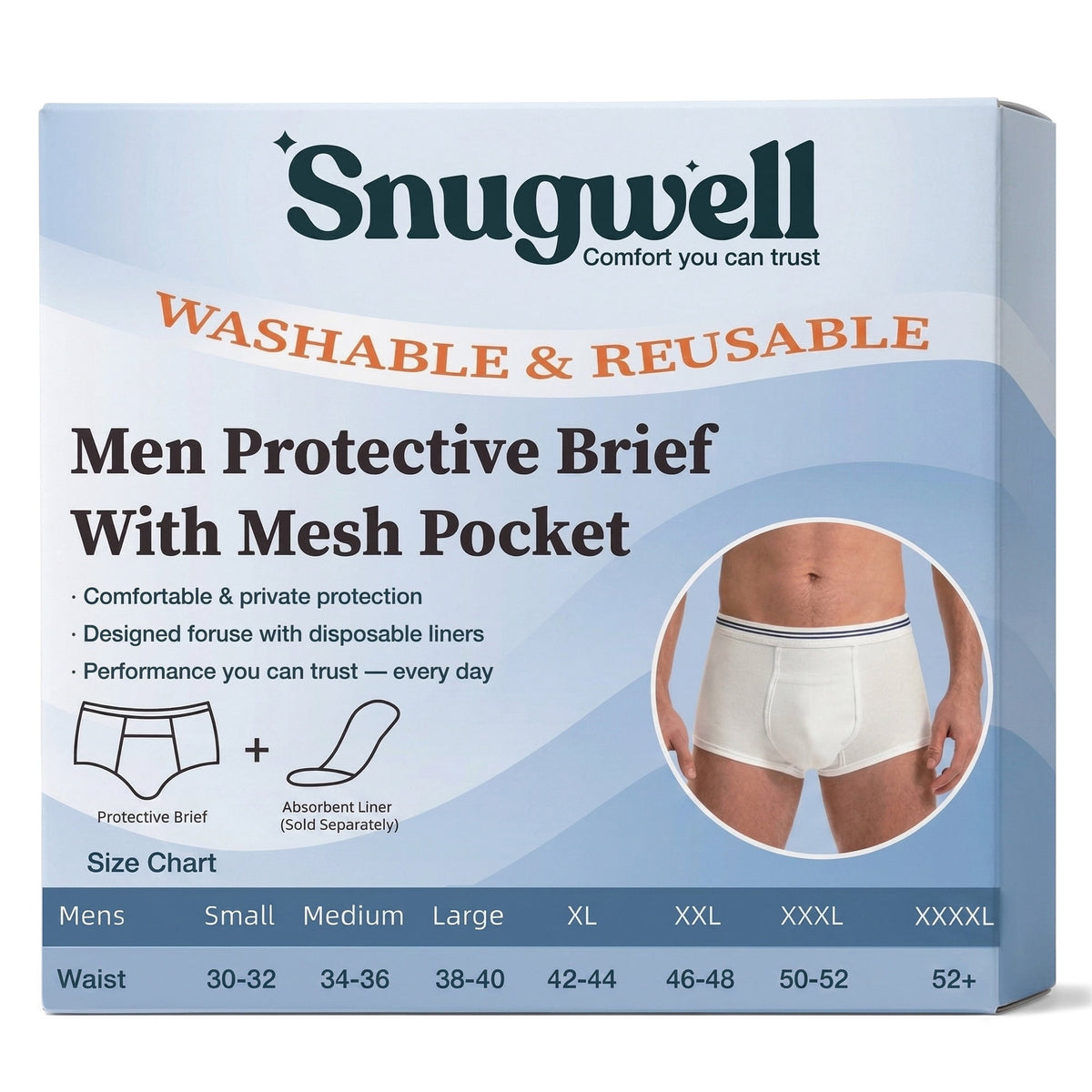 Snugwell Men’s Incontinence Washable Underwear, Mesh Pocket Briefs