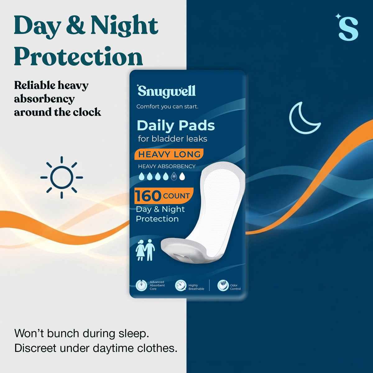 Snugwell Daily Pads Long for Bladder Leaks – Heavy Absorbency, 13”