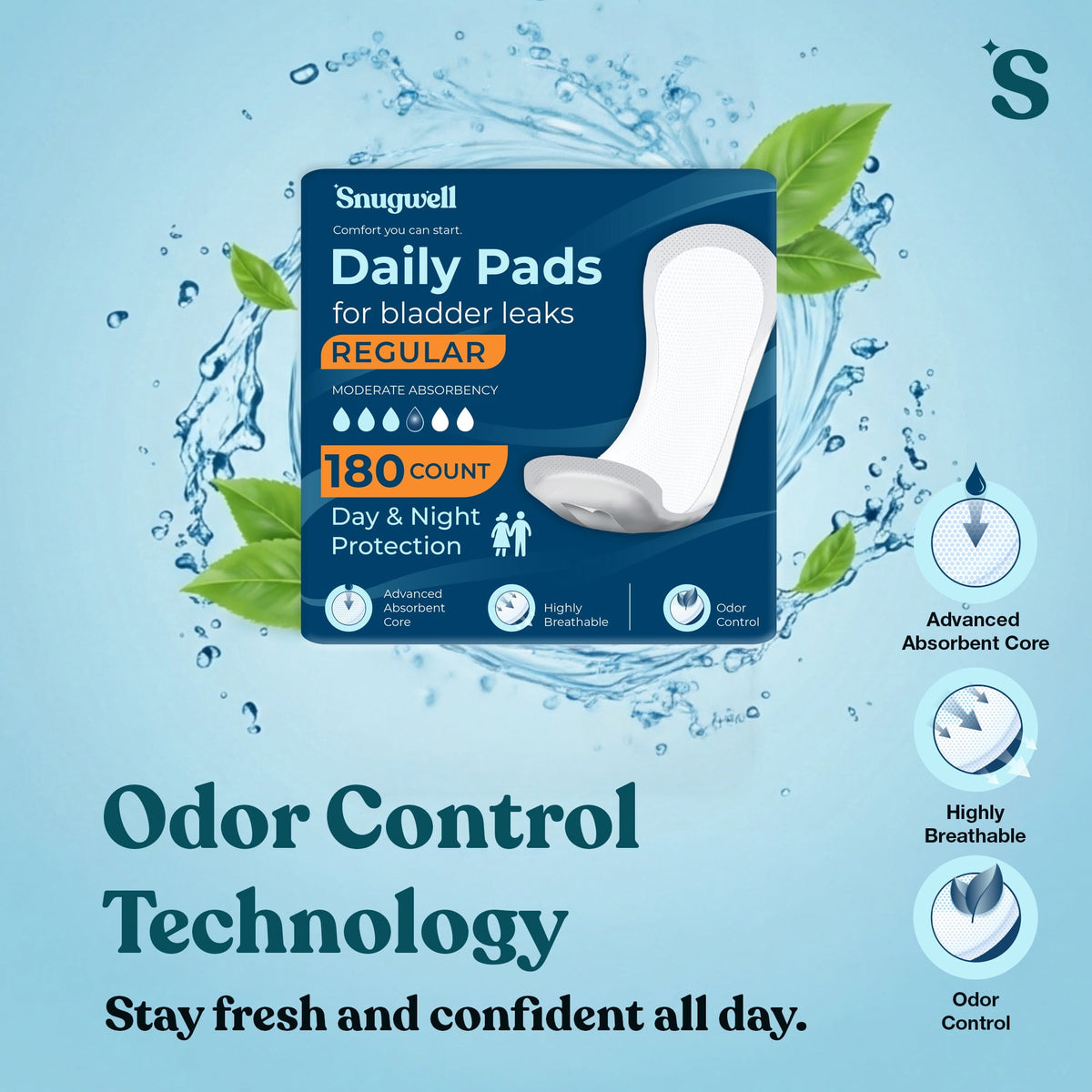 Snugwell Daily Pads for Bladder Leaks – Moderate Absorbency, 9.25"