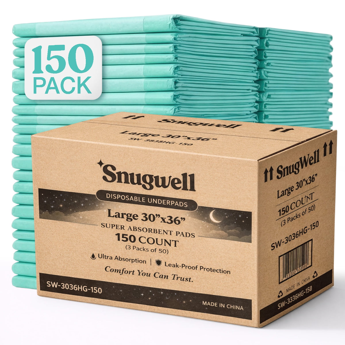 Snugwell 30" x 36" Disposable Underpads – 150 Count, Heavy Absorbency Bed Pads