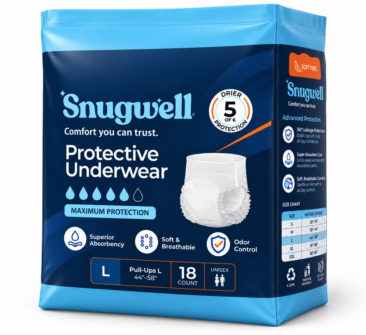 Snugwell Protective Underwear Maximum Protection Large 18 Count